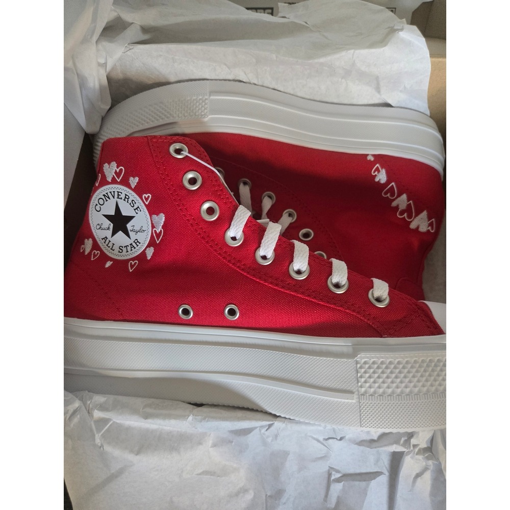 Converse Day One Platform Hi Red White Heart Embroidered Sneakers Women 9